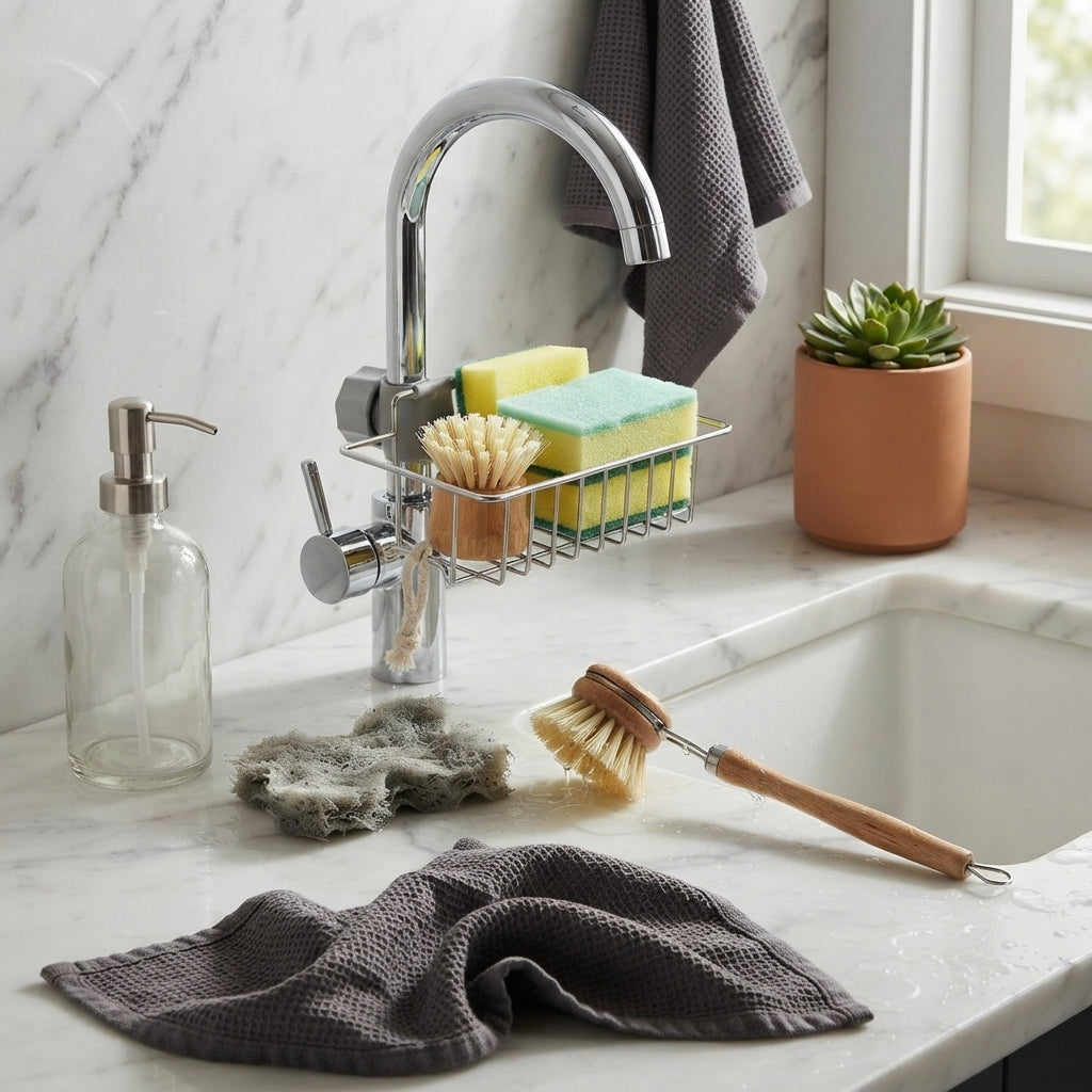 A cluttered kitchen sink area with a loose sponge, soap bottle, and dish brush sitting on a white countertop.